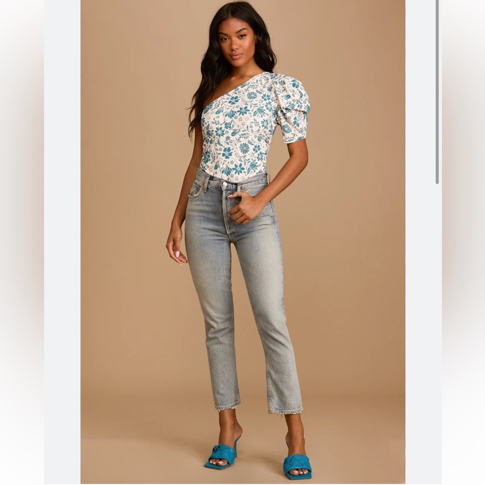 Free People Blue Flowers Somethin Bout You Cream Floral Print One-Shoulder XS